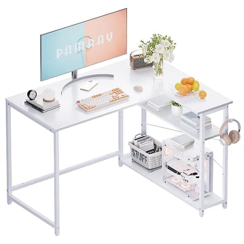 Pamray 43 Inch L Shaped Computer Desk with Reversible Side Storage Shelves, Small Corner Desk for Small Space Home Office,Writing Study Table PC Desk for Bedroom,White - Image 1
