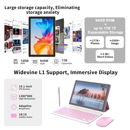 ICONLINK Android 16 Tablet 10 Inch, 12(3+9) GB RAM+64GB ROM, 2 in 1 Tablets with Keyboard Case Mouse Stylus, 1.8GHz Five-core Processor, 1280 * 800 IPS HD Screen, 5G WiFi6 BT 5.3 Tableta PC(Pink) thumbnail 4