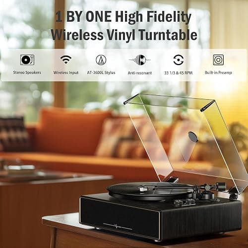 1 BY ONE High Fidelity All-in-One Record Player, Vinyl Turntable | Built-in Speakers, Magnetic AT-3600L Cartridge, RCA Output, Belt Drive, Bluetooth Input, Auto Stop, Phono Preamp,Black Walnut thumbnail 6