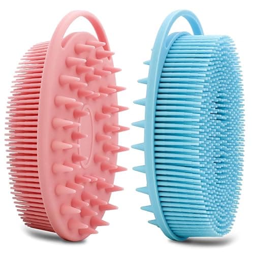 2 Pack Silicone Body Scrubber, Loofah Double-Sided Body Brush,Shower Scrubber and Scalp Massager Shampoo Brush for Sensitive Kids Women Men All Kinds of Skin (Pink & Blue) - Image 1