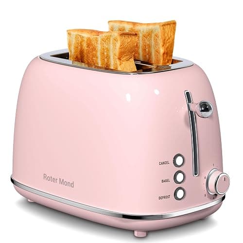 Roter Mond 2 Slice Toaster Retro Stainless Steel with Bagel, Cancel, and Defrost Functions, 6 Bread Shade Settings, Extra Wide Slots and Removable Crumb Tray, Pink - Image 1