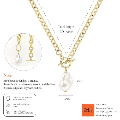 Zeffy 14K Gold/Silver Plated Chunky Thick Chain Toggle Clasp Necklace Dainty Baroque Pearl/Heart/Cross/Turquoise Pendant Necklace thumbnail 7