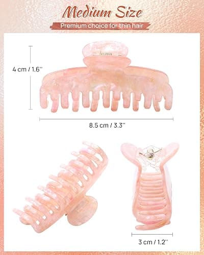 ACECHA Medium Double Row Teeth Claw Clip for Thin Fine Hair, Strong Grip | 3.4-inch, ideal for fine/short hair, glossy finish, non-slip, , 3 pack for daily wear, work, parties, Black & White & Pink thumbnail 5