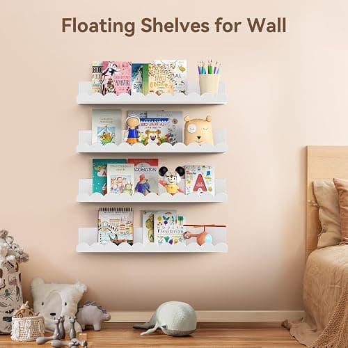 Gattlukd Nursery Book Shelves, 17 Inch Metal Floating Shelves for Wall 4 Pack, Scalloped Shelves, Wall Mounted Book Shelf for Kids Bedroom, Baby Room, Nursery Decor (White) thumbnail 5