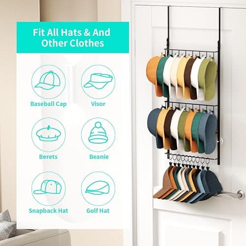HapiRm Over Door Hat Rack - 3 Tier Wall Mounted Hat Organizer with 16 Hooks and 10 Movable Clips, Baseball Cap Organizer Storage Holds up to 26 Caps for Door, Bedroom, Closet USPTO Patent Pending thumbnail 5