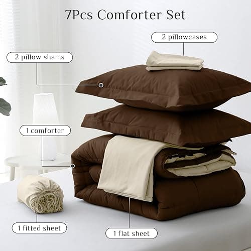 JOLLYVOGUE Queen Comforter Set, Ultra-Soft Bed in a Bag Queen Size 7 Pieces, Oeko-TEX Certified Bedding Set with Down Alternative Comforter, Sheets, Pillowcases & Shams, Brown & Beige thumbnail 5