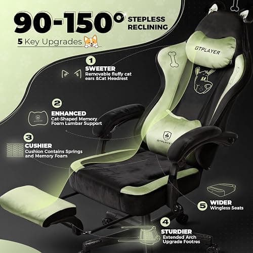 GTPLAYER Gaming Chair Cute with Cat Ears Ergonomic Computer Chair with Dog Embroidery Adjustable Memory Foam Lumbar Support and Headrest Comfortable Reclining Office Chair Soft Velvet Fabric for Women thumbnail 5