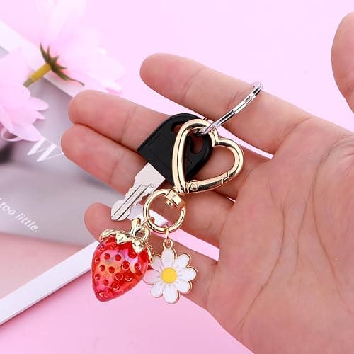 Apausvcm Cute Strawberry Keychain, Bag Purse Charms Kawaii Heart daisy flower Key Chains Accessories Strawberry Shortcake Decor for Handbags Backpack Women Girls Gift thumbnail 7