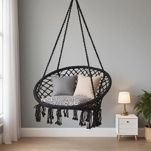 Goutime Hammock Chair, Macrame Hanging Indoor Swing Chairs with Hardware Kit,Adult Boho Swinging Swings for Outside,Patio,Balcony,Bedroom (Black (Pillows are not Included)) thumbnail 6