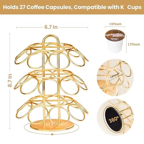 KREWEY Coffee Pod Holder, K Cup Holders Carousel Organizer ,27 Coffee Pods Storage Compatible with K Cups, Spins 360-Degrees, Modern Gold Design ，Round,Shining Gold,3 Tier Home or Office Kitchen Counter Organizer thumbnail 3