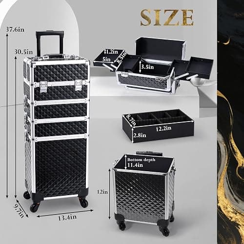 Stagiant Rolling Makeup Case Cosmetology Case on Wheels 4 in 1 Large Cosmetic Organizer Train Case Makeup Travel Case with Key Swivel Wheels Nail Artist Salon Storage Traveling Cart Trunk Black thumbnail 6