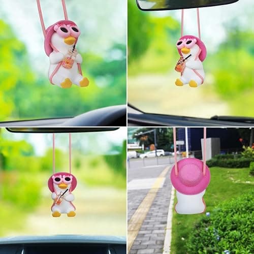 Car Rear View Mirror Hanging Accessories Swinging Duck Rearview Mirrors Ornament Pink Decor for Women Teen Girl Automotive Decorations Interior Aesthetic Things Kawaii Auto Pendant Stuff to Mom Gifts thumbnail 2