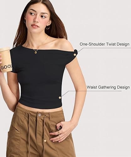 Curvphilo Women Summer Off Shoulder Tops Y2K Going Out T Shirts Double Lined Crop Top Fashion Clothes Trendy Outfits thumbnail 5
