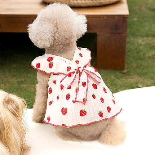 BAOBICUTE 2 Pack Dog Dress Clothes for Small Dogs Girl with Leash Ring & Bow cat Dog Outfit Strawberry Printed Pet Cat Apparel Sweet Ruffled Chihuahua Yorkie Puppy Clothes thumbnail 2