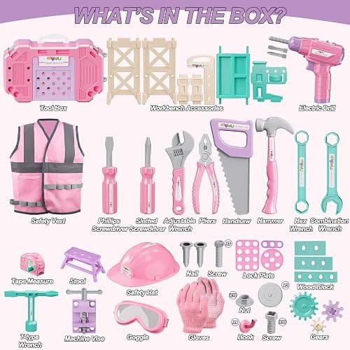 Magic4U Kids Tool Bench Set, 89PCS Toddler Tool Workbench with Electirc Drill 12 Tools Equipement,Safety Vest & Hat,Pretend Play Kids Construction Toys Gift for Girls Boys Age 3,4,5,6,7,8 thumbnail 7