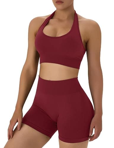 OLCHEE Workout Sets for Women 2 Piece Backless Halter Sports Bra High Waist Booty Shorts Yoga Gym Outfits Lounge Activewear thumbnail 5