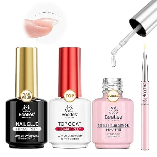 Beetles 4Pcs HEMA-Free Nail Extension Kit, 15ml Gel Nail Glue, No Wipe Top Coat, Builder Nail Gel & Liner Brush, Long Lasting for Clear Press-On Nails, DIY Home Gift for Women, U V Light Required - Image 1