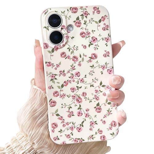 NITITOP Compatible with iPhone 16 Case Cute Flower for Women Girls Floral Pink Rose Design Vintage Shockproof Soft Girly Slim TPU Fashion Protective Phone Cover - Pink - Pink Rose - iPhone 16 - Image 1