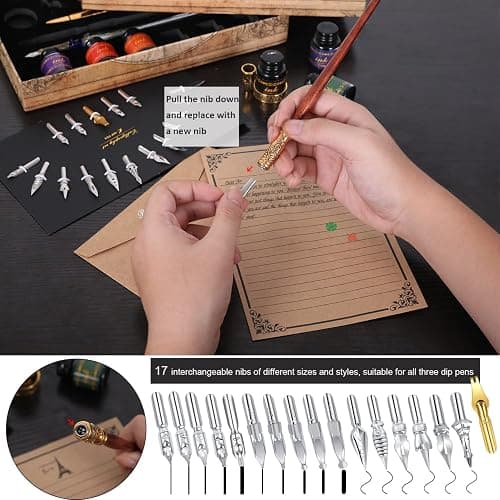 Vintage Pheasant Quill Pen Ink Set,Feather Dip Pen Set with Classic Spiral Bound Leather Notebook,Beginners Glass Dip Pen Wood Calligraphy Pen Craft Decoration Pen,Best Gift Kit for Writing,Drawing thumbnail 4