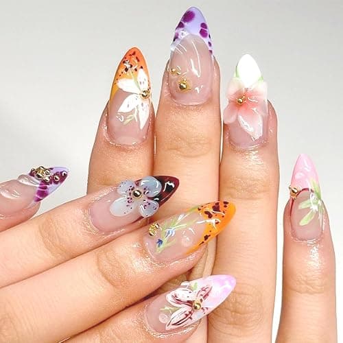 24Pcs Flower Press on Nails Medium Almond French Tip Fake Nails 3D Embossed Diamond Floral Nail Art with Romantic Almond Shape Handmade Stick on Nails French Nails for Women Manicure - Image 1