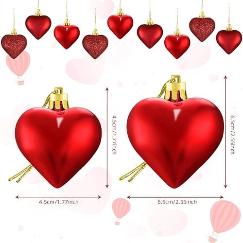 Skylety 30 Pieces Christmas Heart Ornaments, Heart Shaped Decorations Tree Hanging Baubles for Xmas Valentine Wedding Anniversary, 3 Styles 2 Size (Red) thumbnail 3