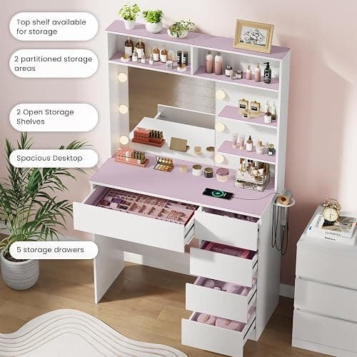 Draelibor Vanity Desk with Mirror, LED Lights and Power Outlet, Makeup Vanity Table with 5 Drawers, 3 Color Modes & Adjustable Brightness, Dressing Table for Bedroom, White thumbnail 3