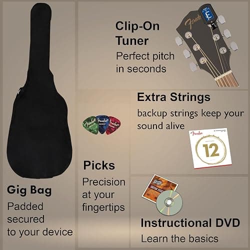 Fender Dreadnought Acoustic Guitar - Natural Bundle with Gig Bag, Tuner, Strings, Picks, Fender Play Online Lessons, and Austin Bazaar Instructional DVD thumbnail 3