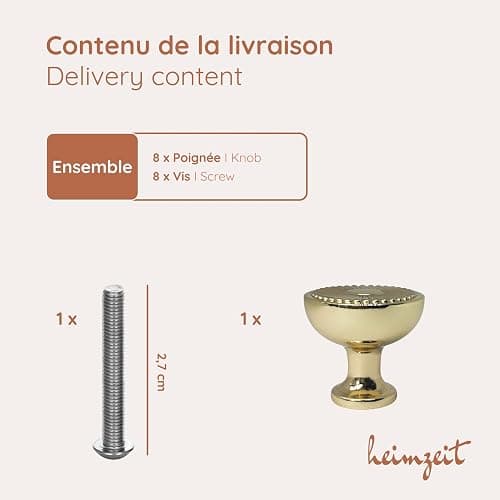 heimzeit Poignées de Placard Sun pour Portes, Tiroirs et Commodes en Aluminium de Haute Qualité [8 Pièces, Rondes] Couleur: Or, Boutons de Meuble avec Poignée à un trou et vis thumbnail 5