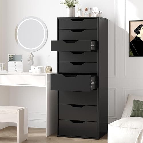FOREHILL Cómodas y Cajoneras, Sinfonier Dormitorio Alto, Cajonera con 9 Cajones, Cajonera Armario Interior, Mueble Almacenaje para Dormitorio, Salón, Moderno Negro 45x40x124.5cm thumbnail 10
