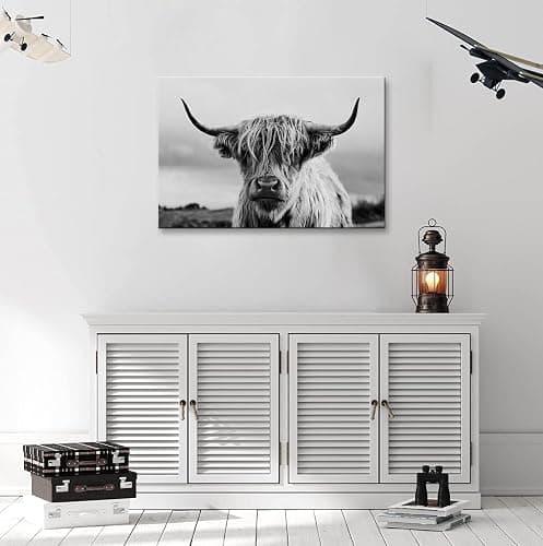 Highland Cow Wall Art Canvas Print Black and White Animal Canvas Picture Framed Art Wall Decor for Bedroom Bathroom (16x24 inch) thumbnail 6