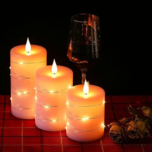 Da by 3 Pack Pink Real Wax Flameless Taper Candles, Lifelike Flickering LED Flame Candles with Surrounding Fairy String Lights, Soft Warm Battery Candles with Remote for Home Wedding Party Decor thumbnail 5