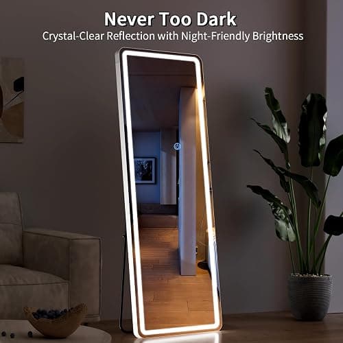 Koonmi LED Full Length Mirror, 56"x20" Full Length Mirror with Lights, Lighted Floor Mirrors with Stand, Full Body Mirrors with Dimming & 3 Color Lightingfor Living Room Cloakroom, White thumbnail 7
