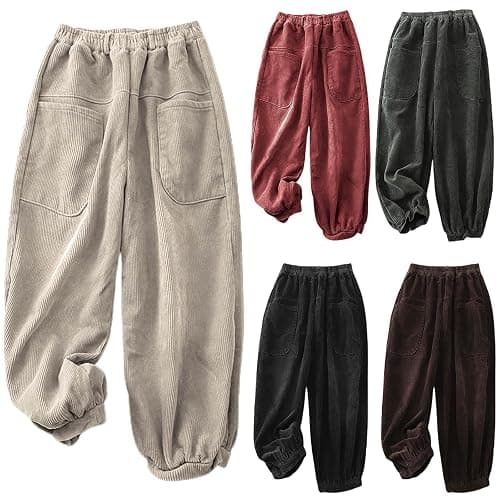 HGps8w Women's Vintage Baggy Corduroy Pants, Elastic Waist Pull On Retro Loose Harem Trousers with Pockets thumbnail 3
