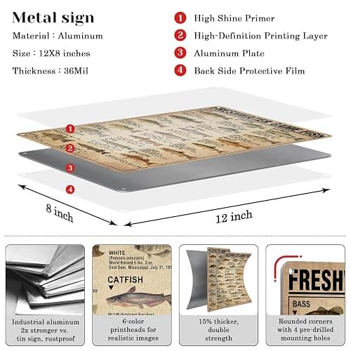 HYBLOM Fishing Decor Vintage Freshwater Game Fish Chart Metal Sign 8x12 IN | Fishing Gifts for Boys Men Dad, for Man Cave Boys Room Hunting Room Lake House Cabin Bedroom, Rustproof, Retro Tin Signs thumbnail 2