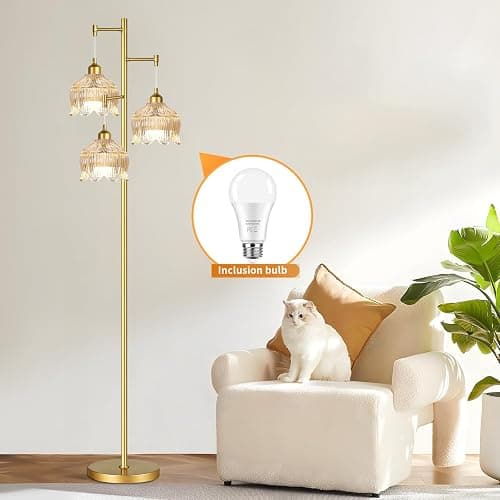 WLQCWL Vintage Floor Lamps for Living Room Bedroom-3 Light Gold Floor Lamp with Glass Lampshape, Flower Tall Lamp Glass Mid Century Standing Lamp Tree Floor Lamp for Living Room Corner thumbnail 3
