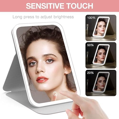 Kintion Travel Makeup Mirror, Portable LED Lighted Makeup Mirror, 360° Rotation Touch Screen Vanity Mirror, 60 LEDs, 3-Color Dimmable Lighting, Rechargeable Tabletop Folding Cosmetic Mirror, Pink thumbnail 4