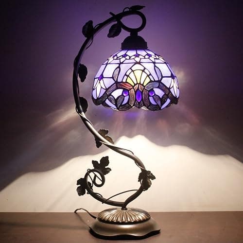 WERFACTORY Tiffany Table Lamp Blue Purple Stained Glass Baroque Style Reading Desk Light, Metal Leaf Base 8X10X21 Inches Decor Small Space Bedside Bedroom Home Office S003C Series thumbnail 3