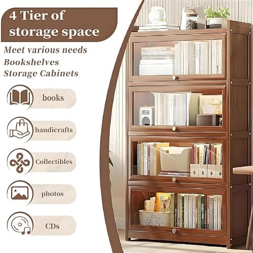 qeknxks 55" Bamboo Bookcases,Book Shelfs with Acrylic Doors,Freestanding Display Storage Shelves for Collectibles,4 Tier Tall Bookshelfs & Bookcases for Living Room Bedroom Home Office thumbnail 4