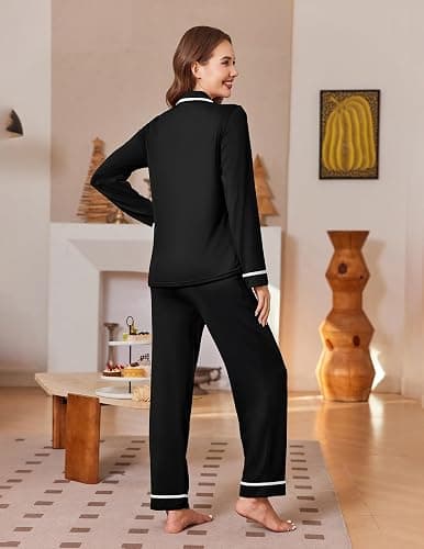 Ekouaer Womens Pajama Sets Long Sleeve Button Down Lounge Sets with Pockets | Fall Pajamas, Soft Sleepwear, 2 piece Loungewear, Notch Collar, Shirts and Pants, Maternity Set, Bridal Pjs thumbnail 2
