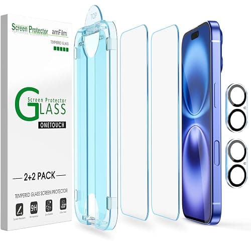 amFilm OneTouch for iPhone 16 Plus Screen Protector 6.7'' Tempered Glass | Auto-Alignment, 30s Install, Bubble Free, Scratch & Drop Protection, HD Clear, Camera Lens Protector, 2+2 Pack (16-6.7'') - Image 1