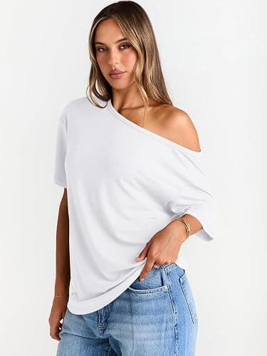 Trendy Queen Womens Off The Shoulder Tops Oversized T-Shirts Short Sleeve Tees Summer 2025 Casual Spring Fashion Clothes thumbnail 4