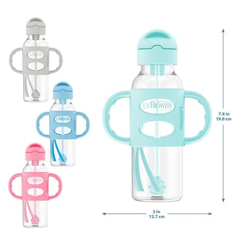 Dr. Brown's Milestones Narrow Sippy Straw Bottle, Spill-Proof with 100% Silicone Handles and Weighted Straw, 8 oz/250 mL, Gray & Blue, 6m+ thumbnail 3