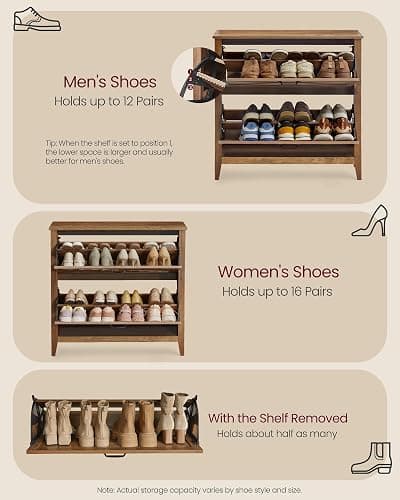 VASAGLE Farmhouse Shoe Cabinet, Narrow Storage Organizer, 2 Flip Drawers | Shoe Storage Organizer, Fits 16 Pairs, 34.3 x 9.5 x 34.6 in, Honey Brown, LIRY Collection UHSC201K01 thumbnail 6
