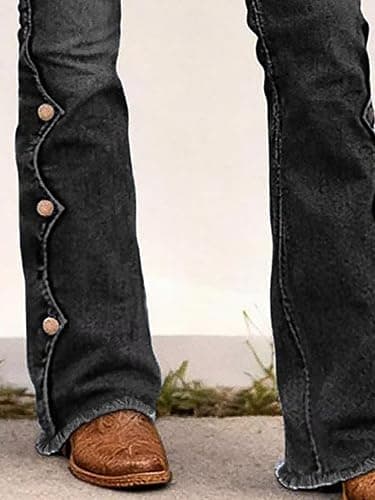 Flamingals Women's Buttoned Hem Bootcut Jeans Without Belt Mid Waist Casual Pants Navy Blue thumbnail 5