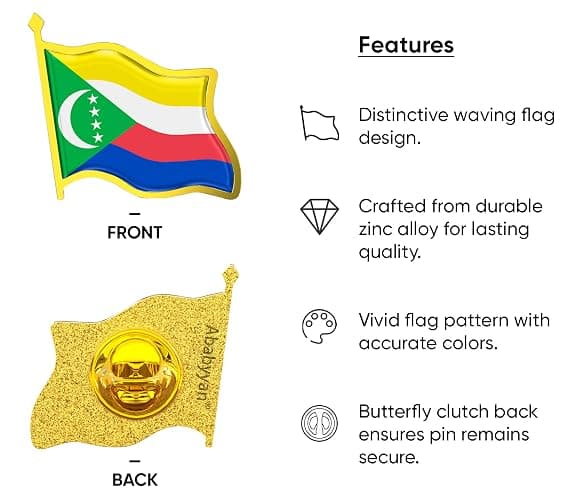 Comoros Flag Lapel Pin - Enamel Metal National Badge | World Travel Souvenir Gifts for Men & Women | Country Flag Patriotic Brooch Bulk Pack of Pins for Hat, Tie, Clothes, Backpack (1pc) thumbnail 3