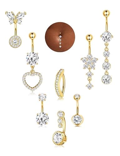 MILACOLATO 8Pcs Belly Button Rings Set, Surgical Stainless Steel Belly Button Piercing, Flower Heart Butterfly Dangly Belly Ring, Clicker Belly Piercing, Navel Piercing Jewelry for Women Girls 10mm - Image 1