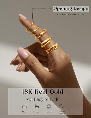 Sanfenly 12 PCS Chunky Gold Rings for Women Non Tarnish 18K Gold Plated Adjustable Statement Ring Knuckle Thumb Stackable Open Rings Set Fashion Jewelry Gifts thumbnail 6