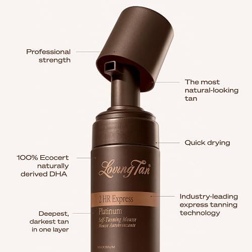 Loving Tan Platinum 2HR Express Self Tanning Mousse, Darkest Shade Yet -Streak Free, Professional Quality Sunless Tanner -5+ Applications per Bottle, Naturally Derived DHA, 4 Fl Oz -Packaging May Vary thumbnail 6