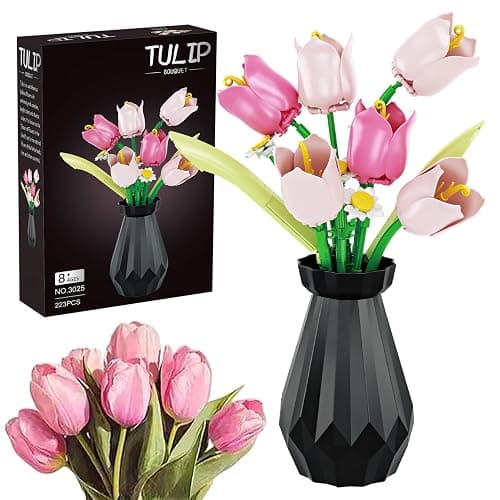 Flower Bouquet Building Sets, Tulips Botanical Collection, DIY Artificial Flower with vase for Adults Women Girl Kids, Pink Chrismas Home Decor Gifts for Mother's Day, Birthday, Easter(223 pcs) - Image 1