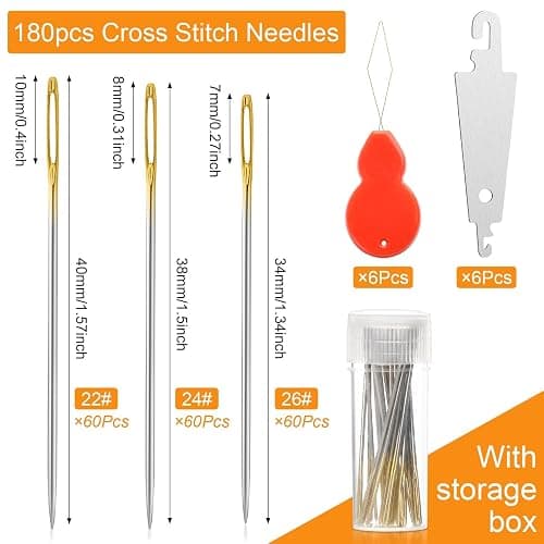 Boocalny 190pcs Cross Stitch Needles, Golden Large Eyes Sewing Needles + 12 Needle Threader, DIY Embroidery Needles in Transparent Box for Hand Sewing Cross Stitch Supplies Size 22# 24# 26# thumbnail 2